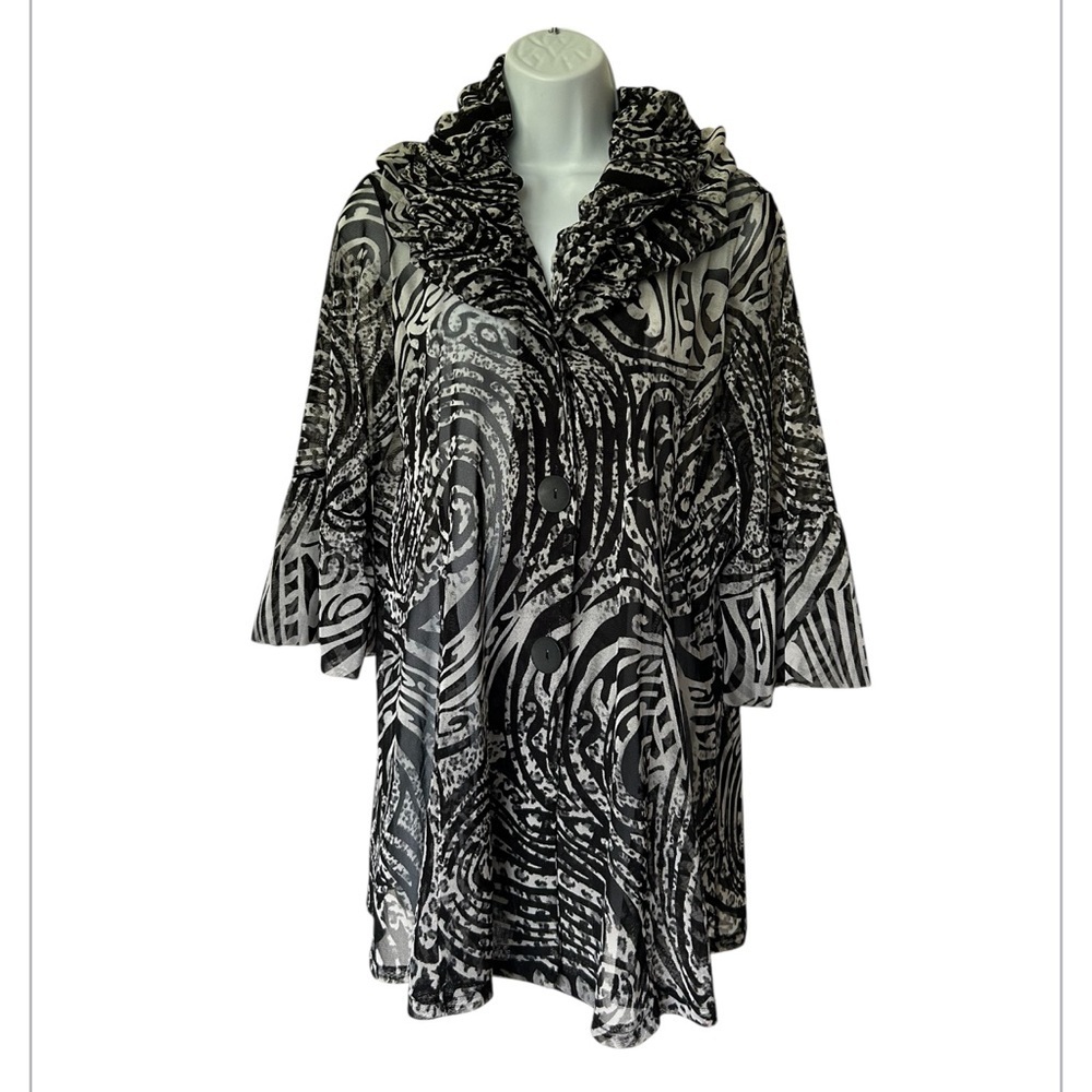 Damee Inc Sheer Black and White Patterned Swing Jacket Excellent Size M